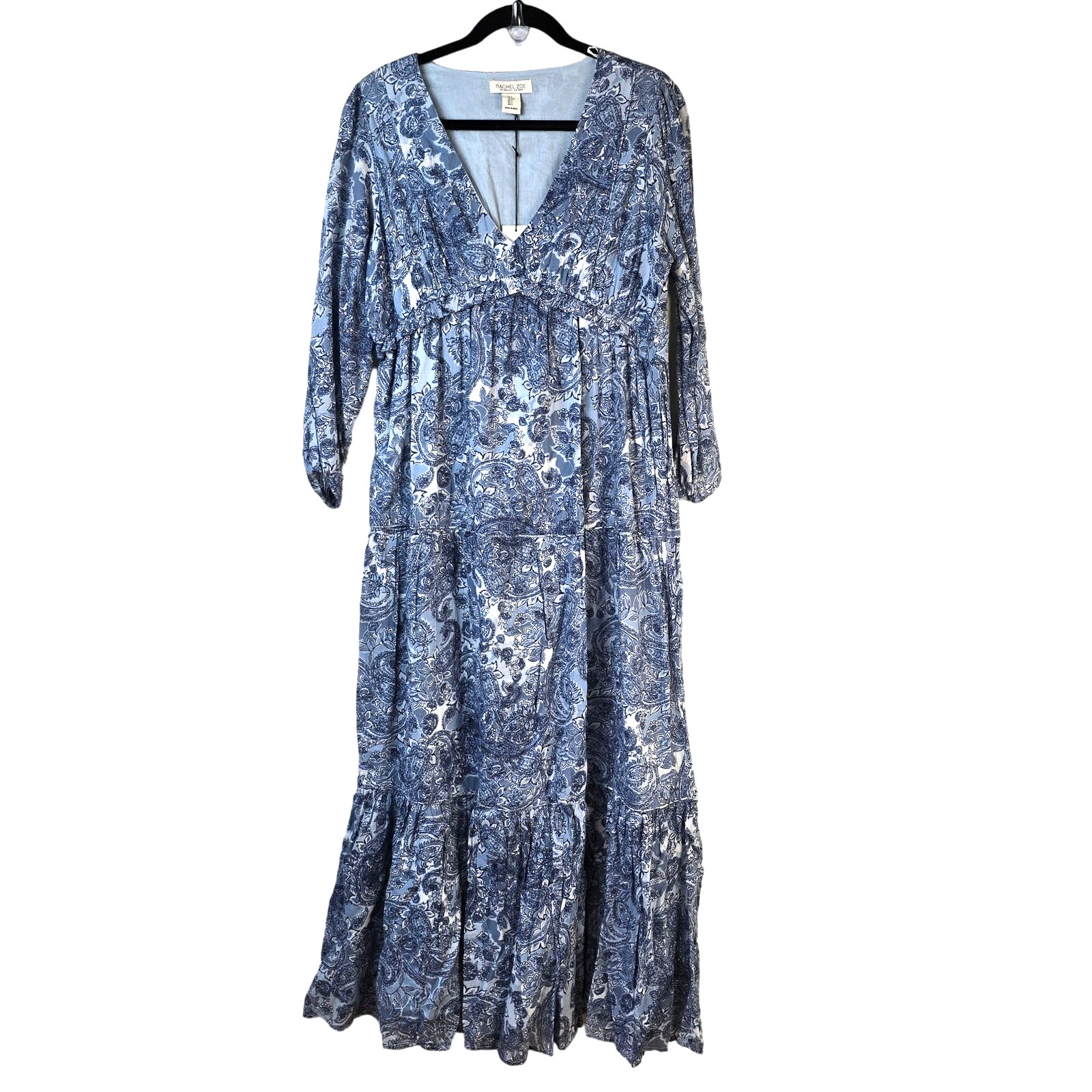 Rachel Zoe Tiered Maxi Dress S Blue Floral Paisley Boho Chic Cottagecore New